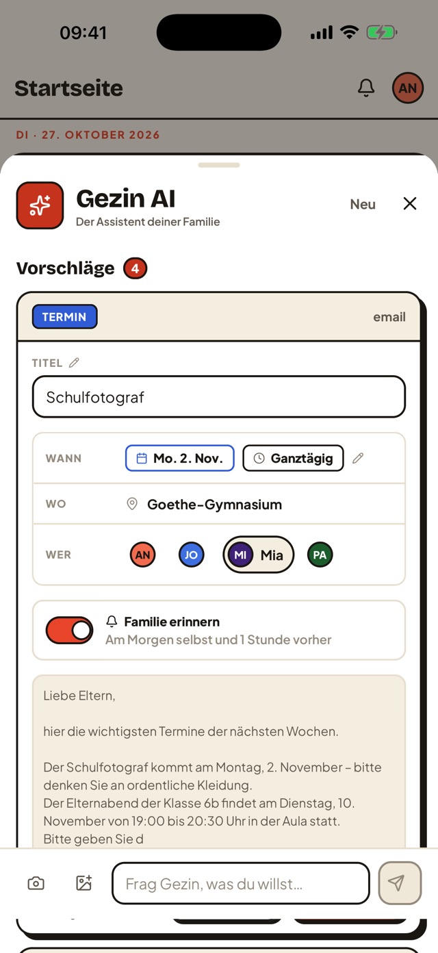 Ein Termin, den Gezin AI aus einem Elternbrief vorschlägt