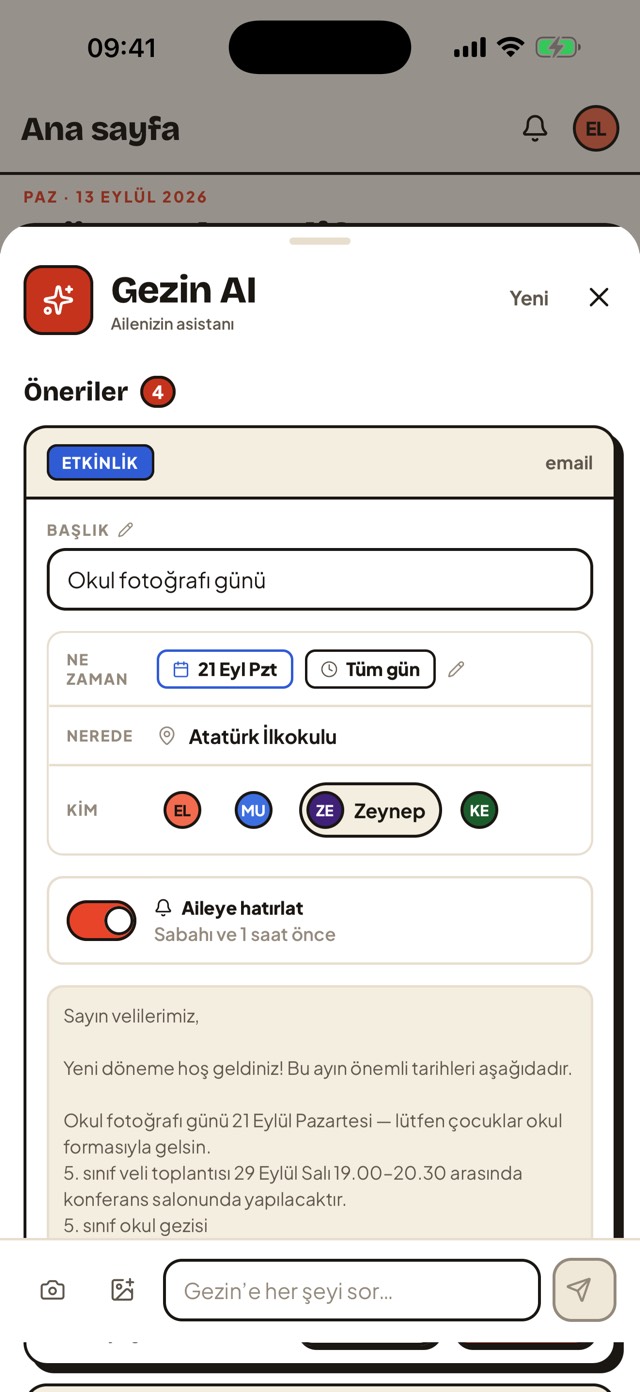 Gezin AI'ın bir okul e-postasından önerdiği etkinlik