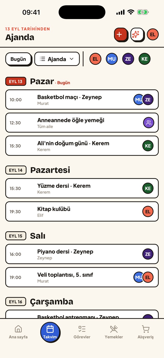 Gezin takvim ekranı, ajanda görünümü