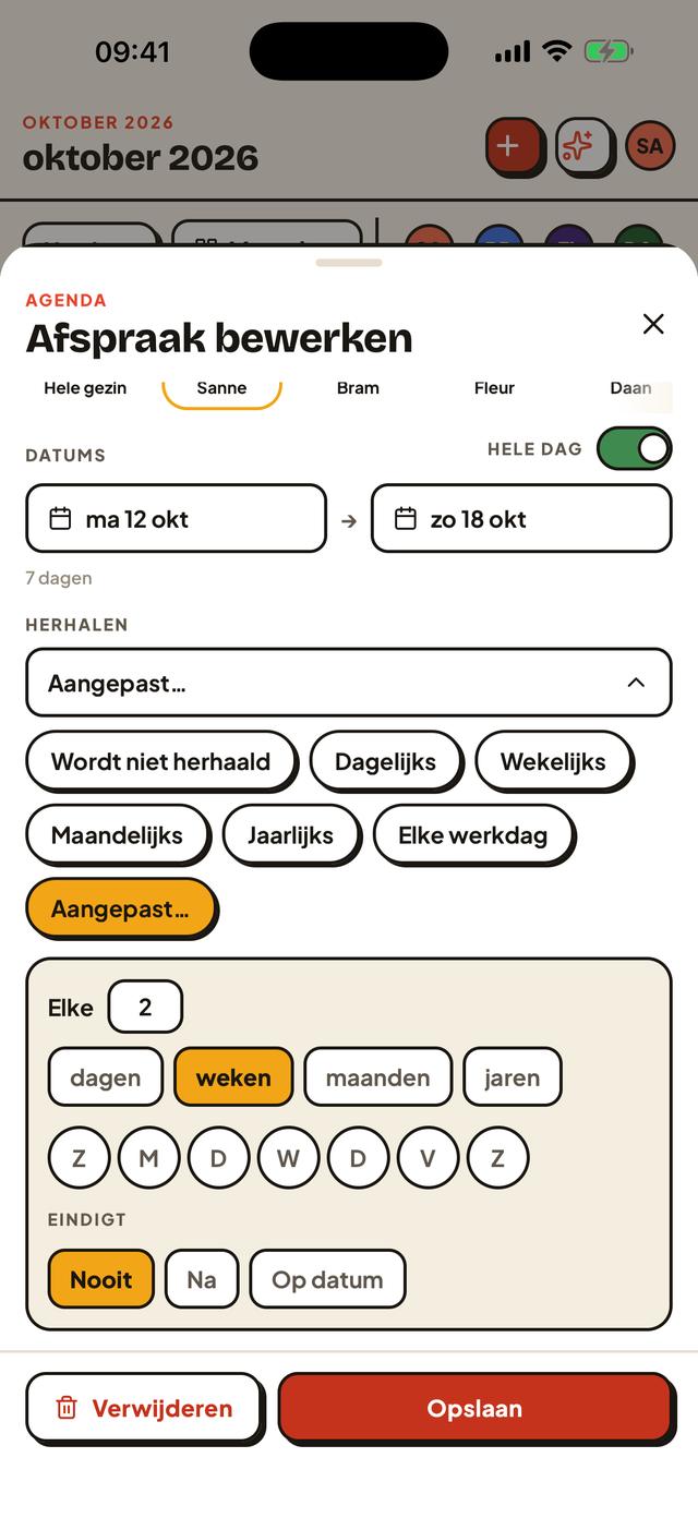 De afspraak-editor in Gezin: Hele dag aan, ma 12 t/m zo 18 oktober, herhalen Aangepast… elke 2 weken, eindigt nooit