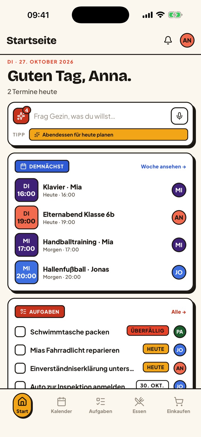 Die Startseite der Gezin-App: der Tag der Familie auf einen Blick
