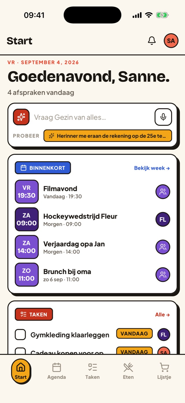 Het beginscherm van de Gezin-app met de dag van het gezin in één oogopslag