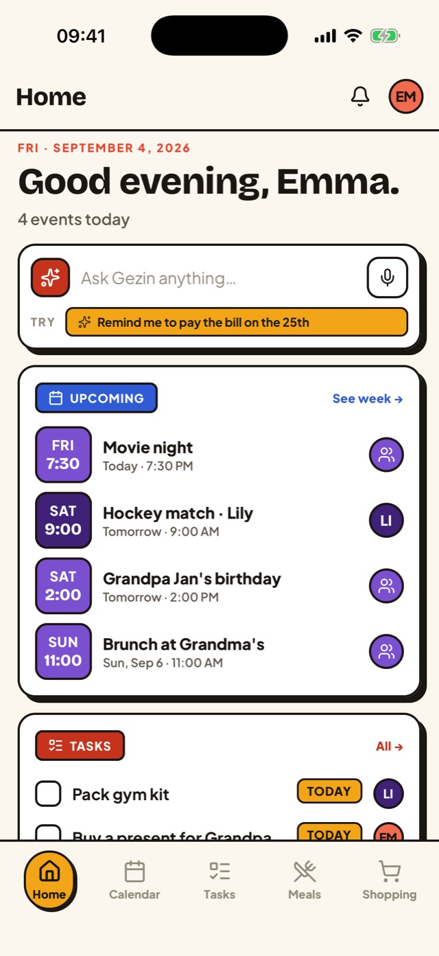 The Gezin app home screen showing the family's day at a glance