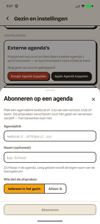 Het scherm ‘Abonneren op een agenda’ in Gezin, met het veld Agendalink