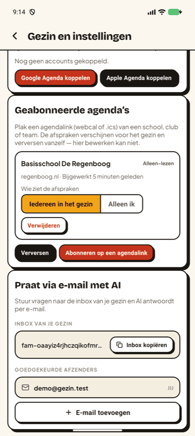 De kaart Geabonneerde agenda’s met een gekoppelde schoolagenda, gemarkeerd als alleen-lezen