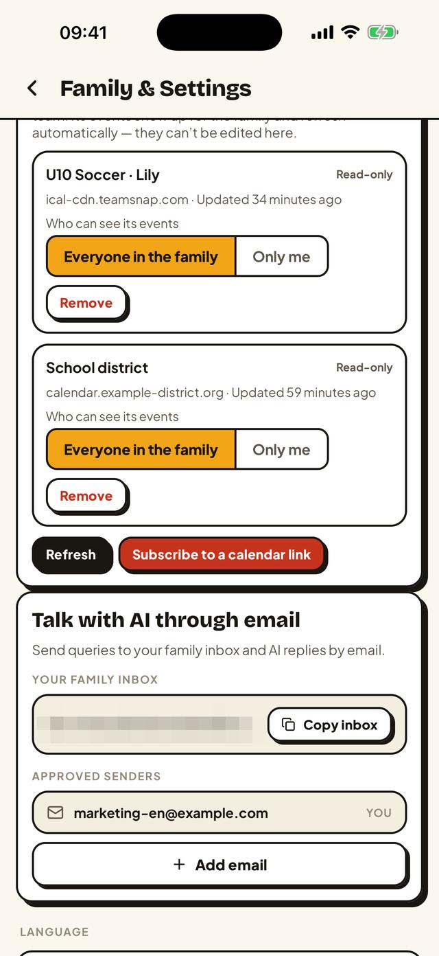 The ‘Talk with AI through email’ card in Family & Settings, showing the family inbox address with a Copy inbox button and the approved senders list
