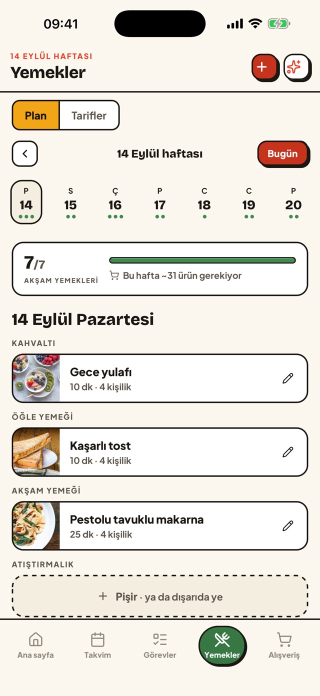 Gezin yemek planı ekranı